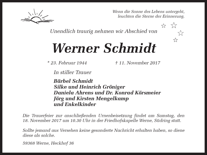  Traueranzeige für Werner Schmidt vom 15.11.2017 aus Ruhr Nachrichten