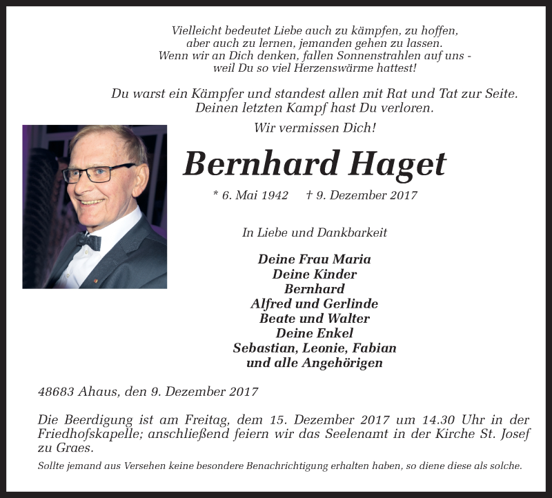  Traueranzeige für Bernhard Haget vom 12.12.2017 aus Münstersche Zeitung und Münsterland Zeitung