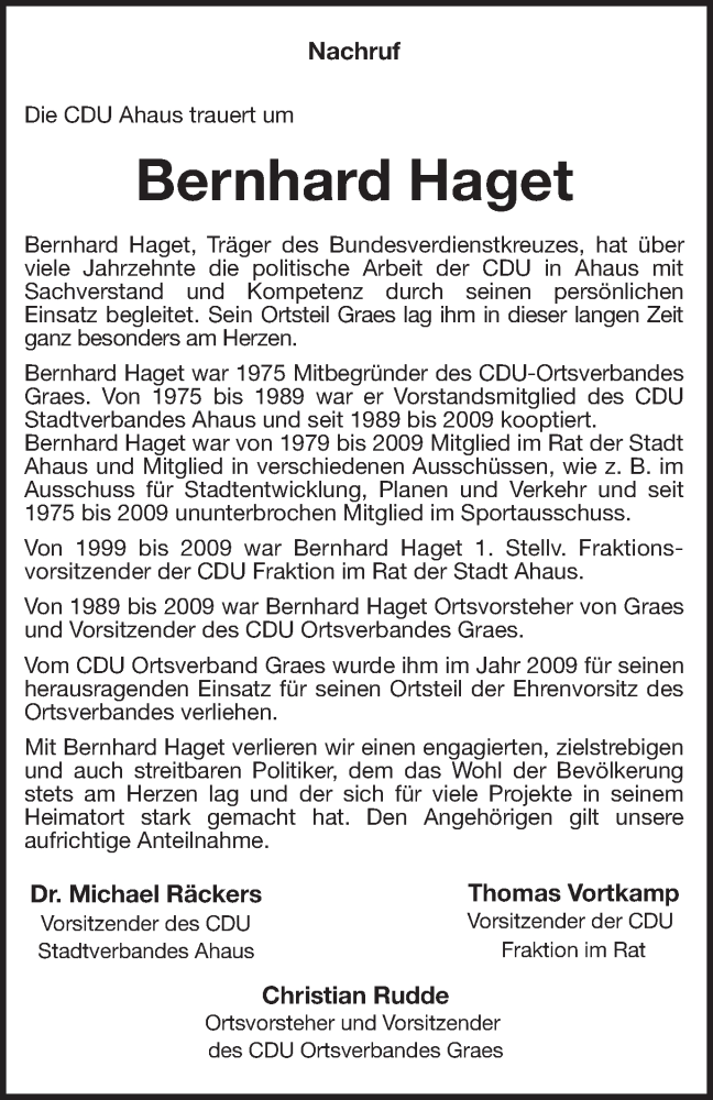  Traueranzeige für Bernhard Haget vom 13.12.2017 aus Münstersche Zeitung und Münsterland Zeitung