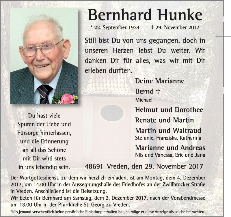  Traueranzeige für Bernhard Hunke vom 02.12.2017 aus Münstersche Zeitung und Münsterland Zeitung