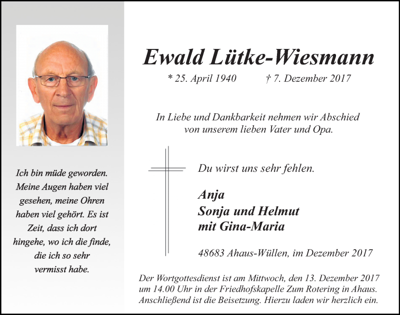  Traueranzeige für Ewald Lütke-Wiesmann vom 09.12.2017 aus Münstersche Zeitung und Münsterland Zeitung