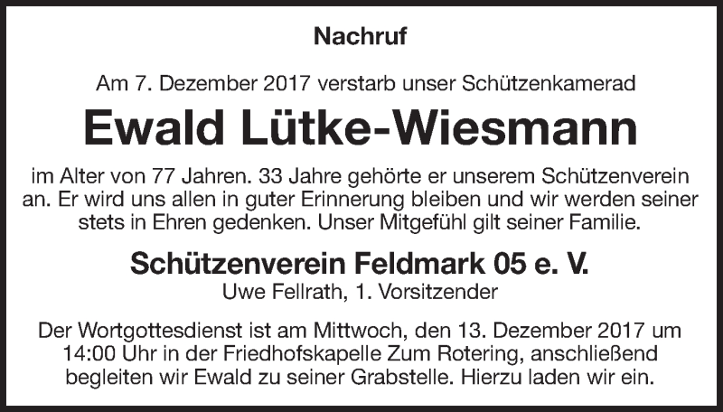  Traueranzeige für Ewald Lütke-Wiesmann vom 12.12.2017 aus Münstersche Zeitung und Münsterland Zeitung