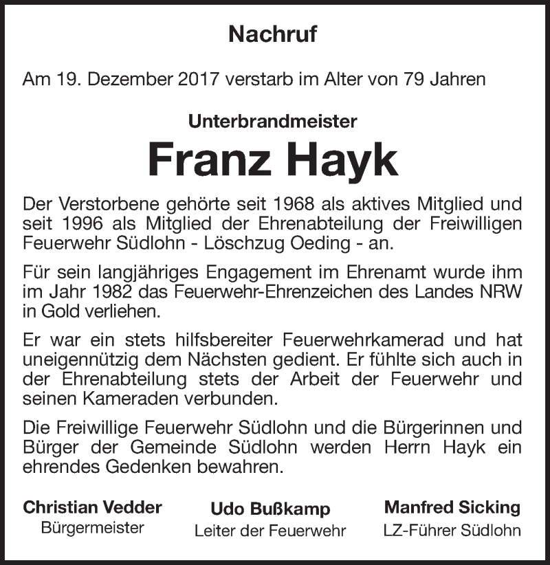  Traueranzeige für Franz Hayk vom 22.12.2017 aus Münstersche Zeitung und Münsterland Zeitung