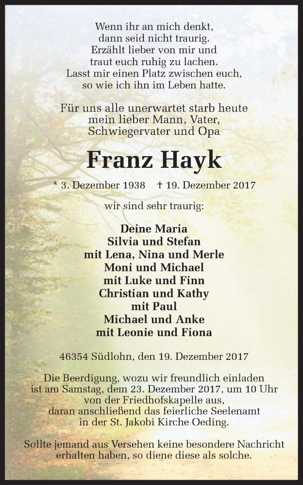  Traueranzeige für Franz Hayk vom 21.12.2017 aus Münstersche Zeitung und Münsterland Zeitung