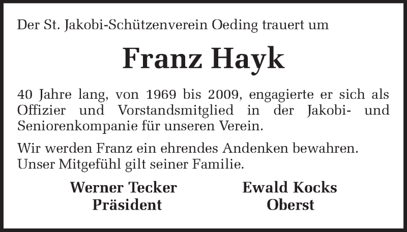  Traueranzeige für Franz Hayk vom 22.12.2017 aus Münstersche Zeitung und Münsterland Zeitung