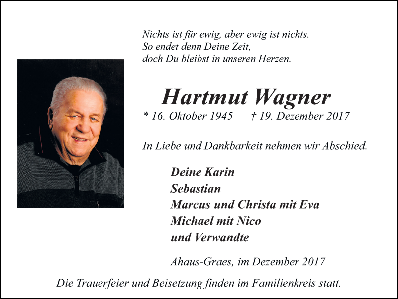  Traueranzeige für Hartmut Wagner vom 23.12.2017 aus Münstersche Zeitung und Münsterland Zeitung