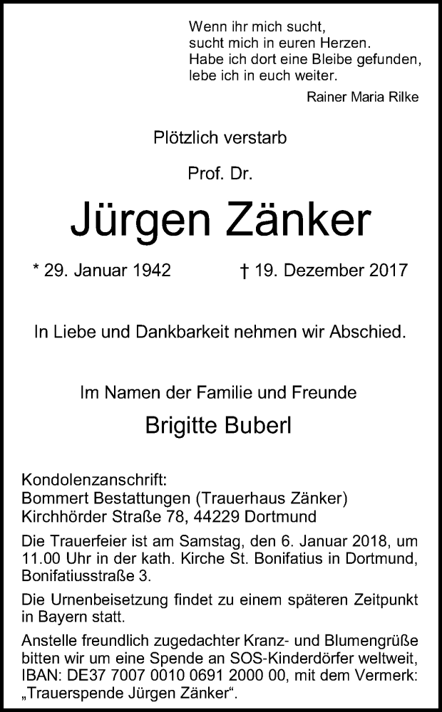  Traueranzeige für Jürgen Zänker vom 29.12.2017 aus Ruhr Nachrichten