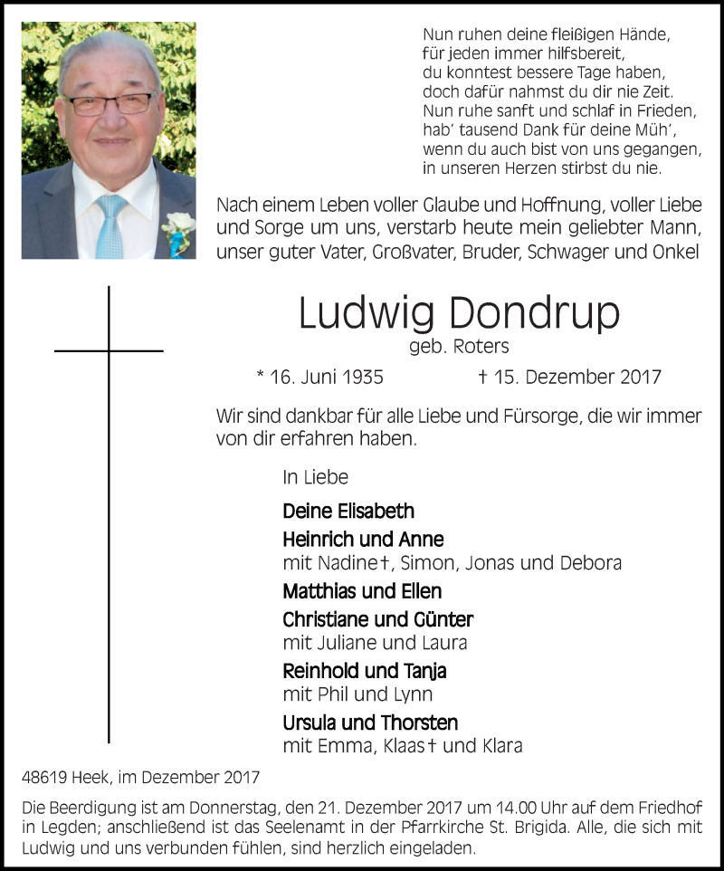  Traueranzeige für Ludwig Dondrup vom 19.12.2017 aus Münstersche Zeitung und Münsterland Zeitung