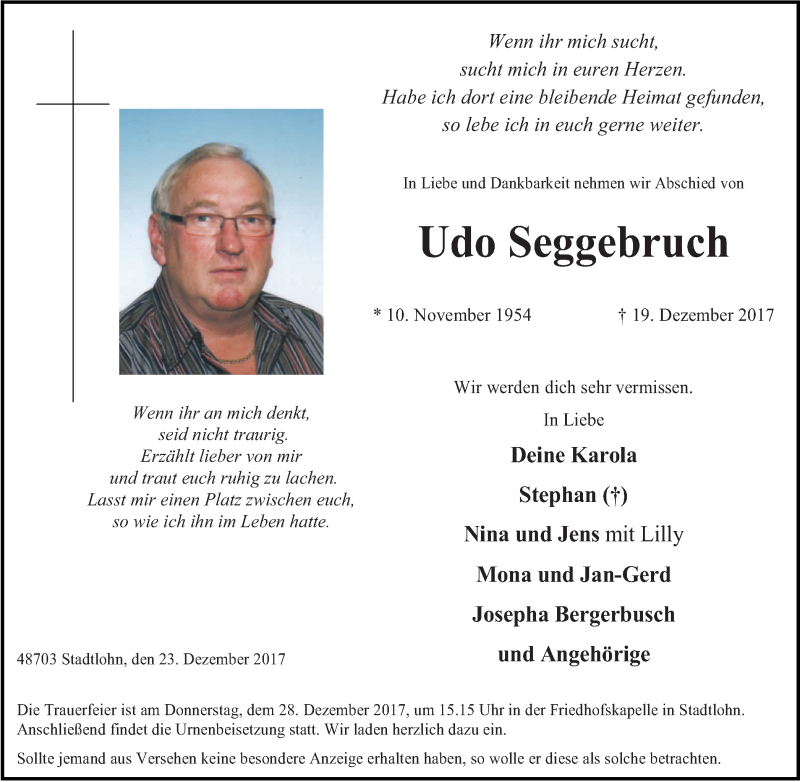  Traueranzeige für Udo Seggebruch vom 23.12.2017 aus Münstersche Zeitung und Münsterland Zeitung