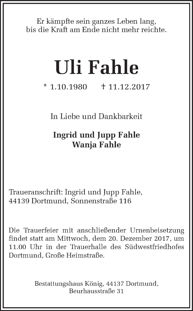  Traueranzeige für Uli Fahle vom 16.12.2017 aus Ruhr Nachrichten