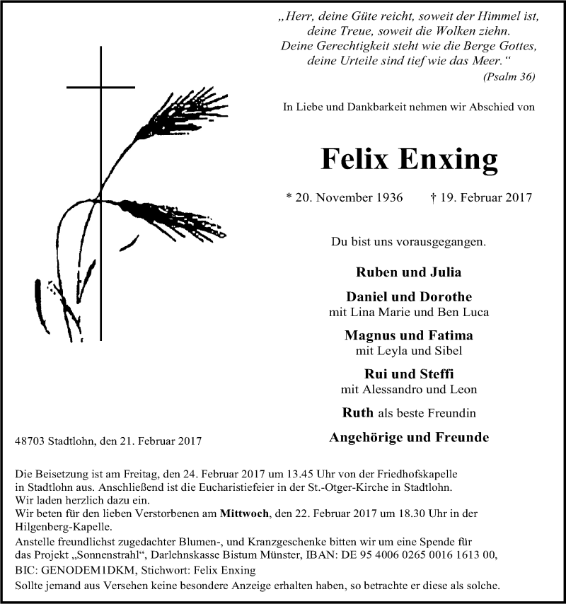  Traueranzeige für Felix Enxing vom 21.02.2017 aus Münstersche Zeitung und Münsterland Zeitung