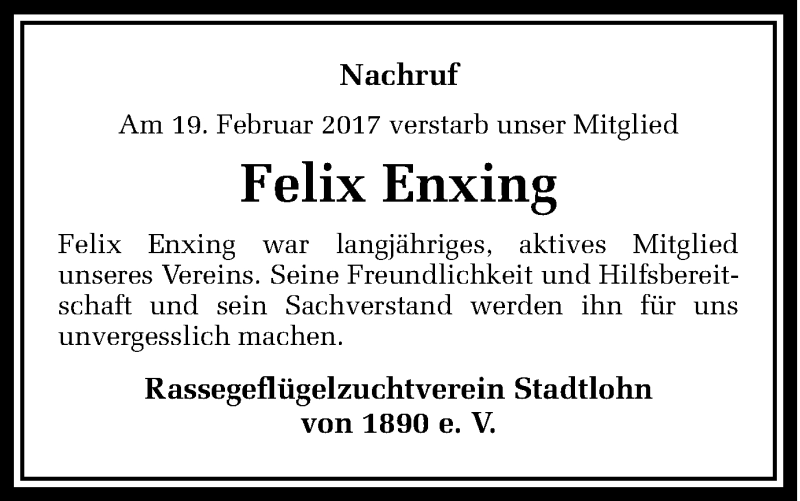  Traueranzeige für Felix Enxing vom 25.02.2017 aus Münstersche Zeitung und Münsterland Zeitung