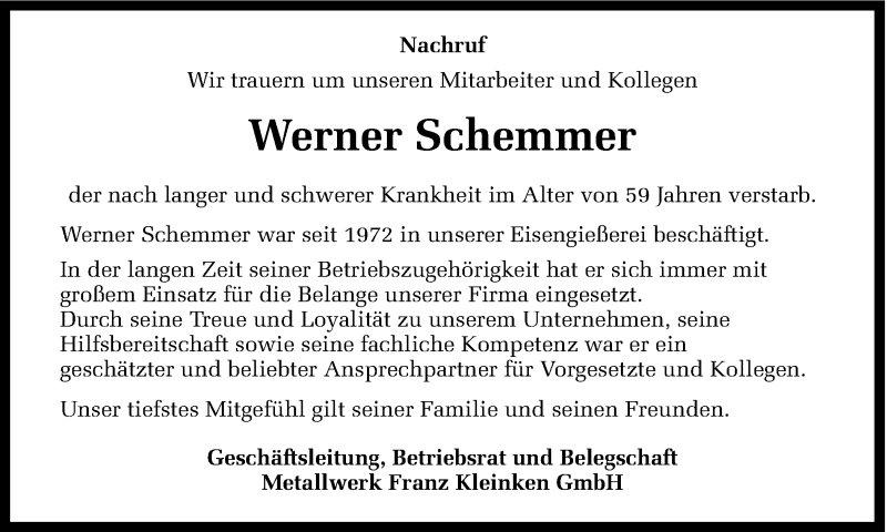  Traueranzeige für Werner Schemmer vom 25.02.2017 aus Ruhr Nachrichten und Dorstener Zeitung