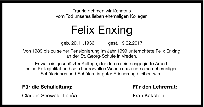  Traueranzeige für Felix Enxing vom 23.02.2017 aus Münstersche Zeitung und Münsterland Zeitung