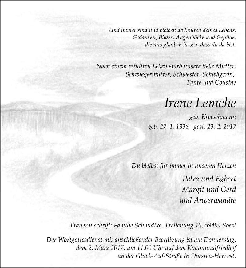  Traueranzeige für Irene Lemche vom 28.02.2017 aus Ruhr Nachrichten und Dorstener Zeitung