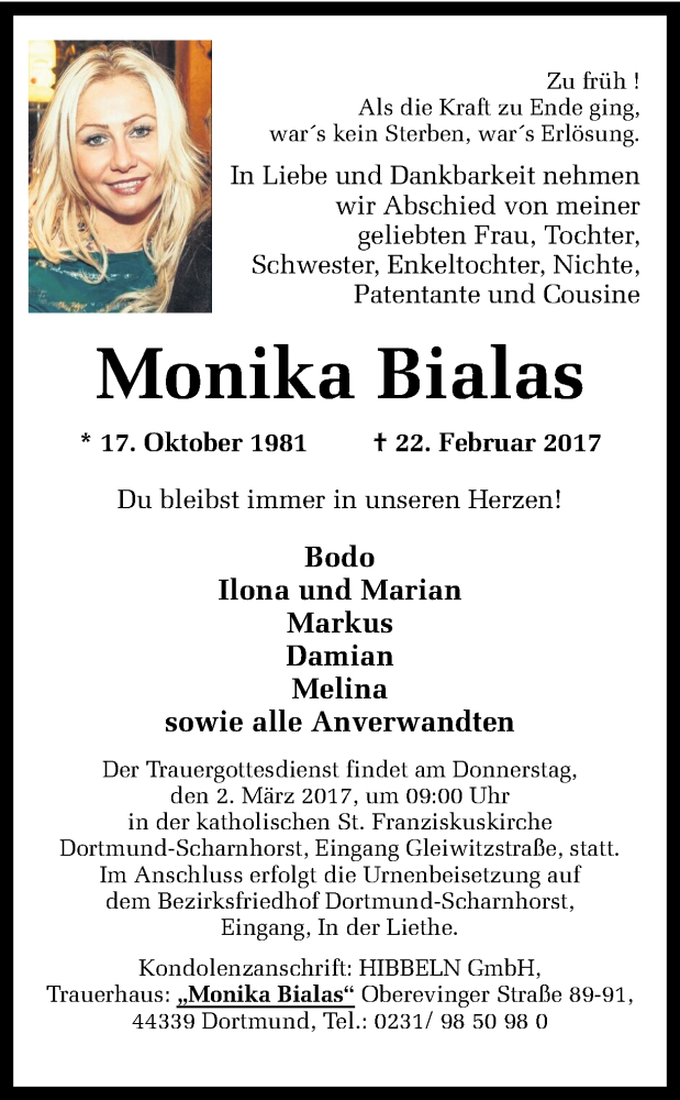  Traueranzeige für Monika Bialas vom 24.02.2017 aus Ruhr Nachrichten