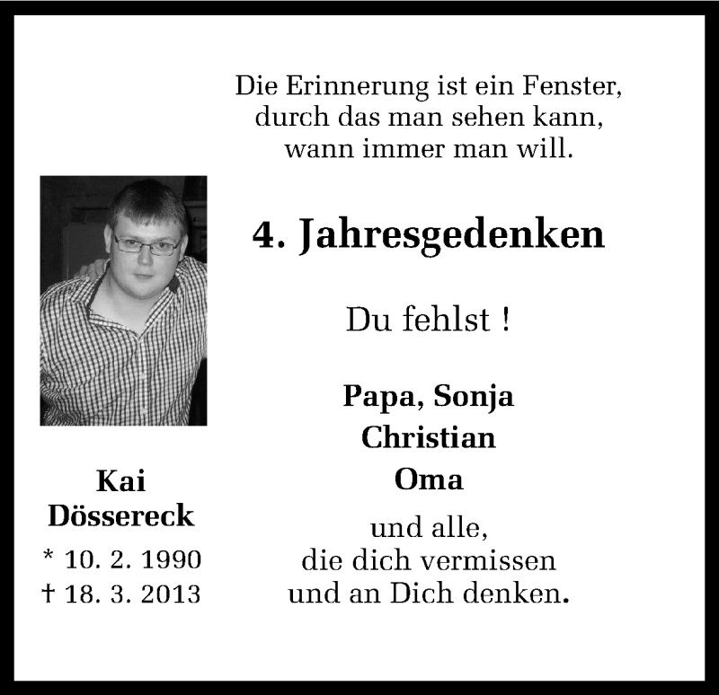 Traueranzeige für Kai Dössereck vom 18.03.2017 aus Ruhr Nachrichten