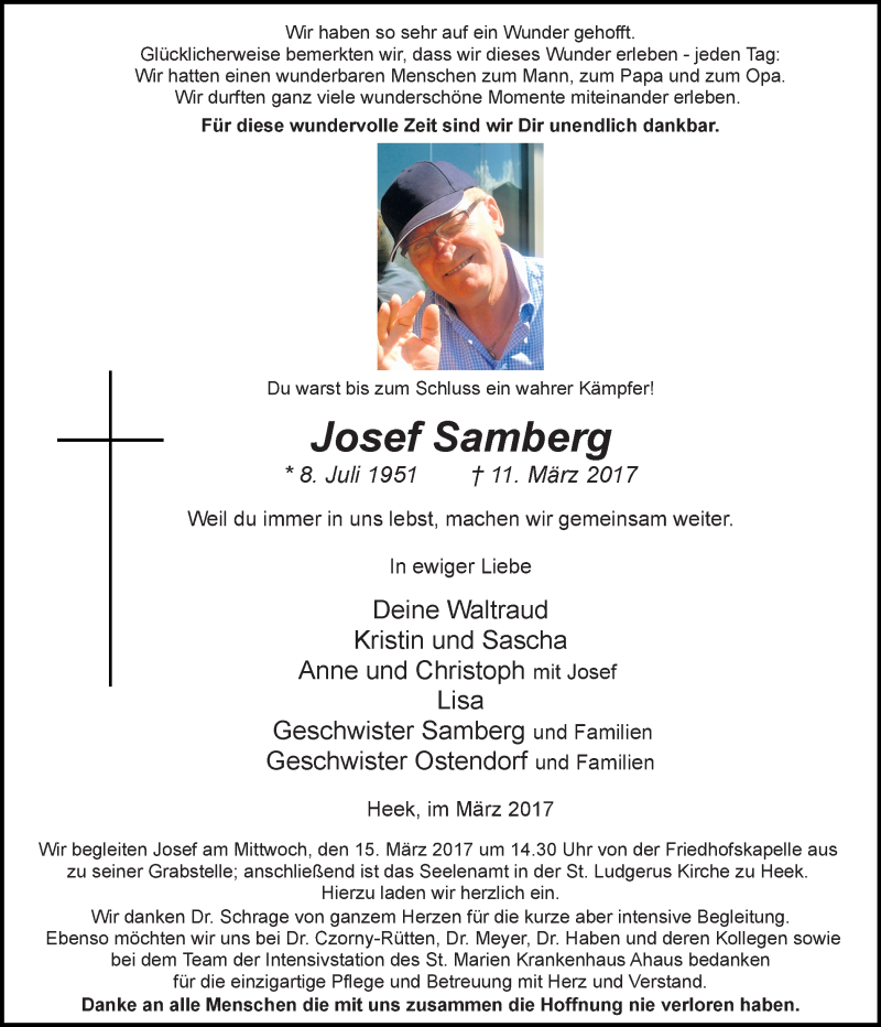  Traueranzeige für Josef Samberg vom 13.03.2017 aus Münstersche Zeitung und Münsterland Zeitung