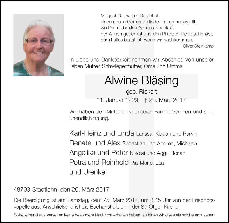  Traueranzeige für Alwine Bläsing vom 23.03.2017 aus Münstersche Zeitung und Münsterland Zeitung
