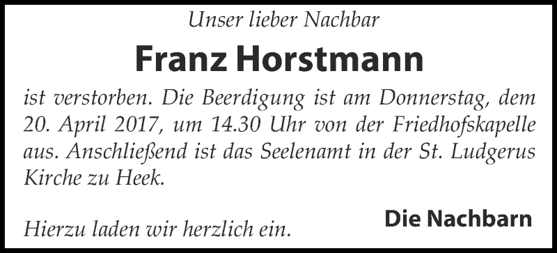  Traueranzeige für Franz Horstmann vom 19.04.2017 aus Münstersche Zeitung und Münsterland Zeitung