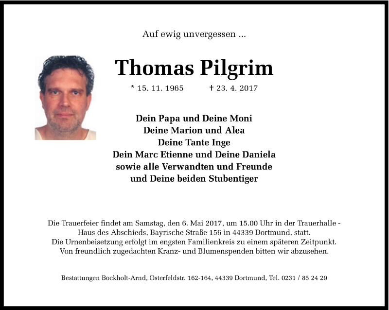  Traueranzeige für Thomas Pilgrim vom 29.04.2017 aus Ruhr Nachrichten