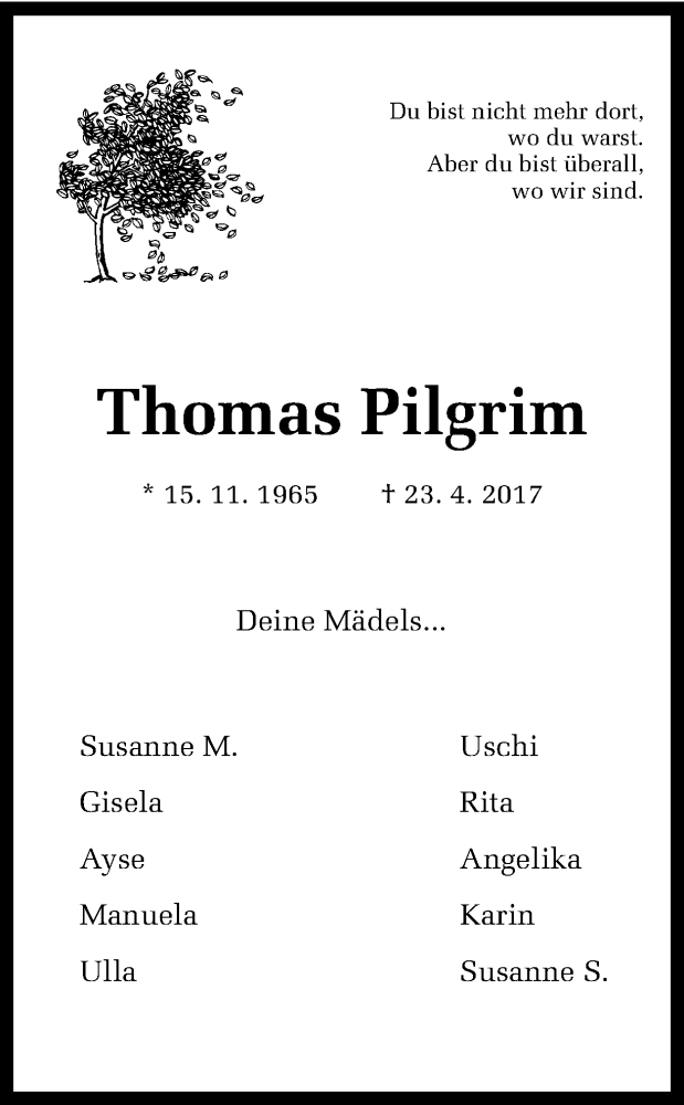  Traueranzeige für Thomas Pilgrim vom 29.04.2017 aus Ruhr Nachrichten