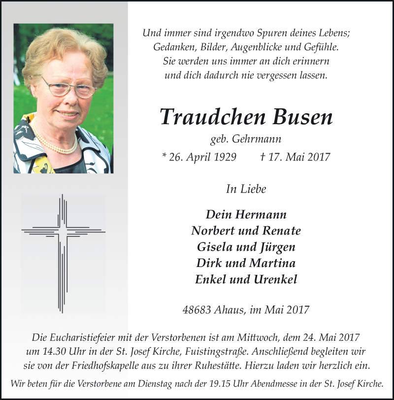  Traueranzeige für Traudchen Busen vom 20.05.2017 aus Münstersche Zeitung und Münsterland Zeitung