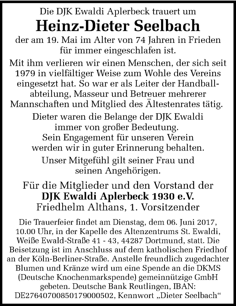  Traueranzeige für Heinz-Dieter Seelbach vom 31.05.2017 aus Ruhr Nachrichten
