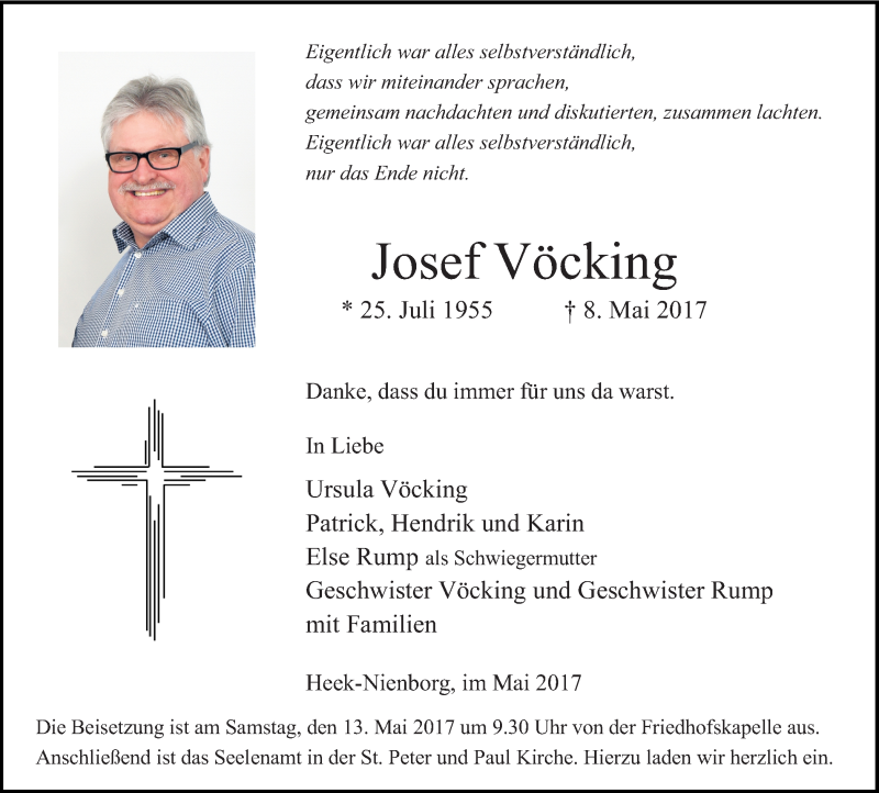  Traueranzeige für Josef Vöcking vom 11.05.2017 aus Münstersche Zeitung und Münsterland Zeitung
