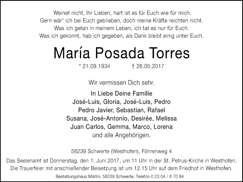  Traueranzeige für Maria Posada Torres vom 30.05.2017 aus Ruhr Nachrichten
