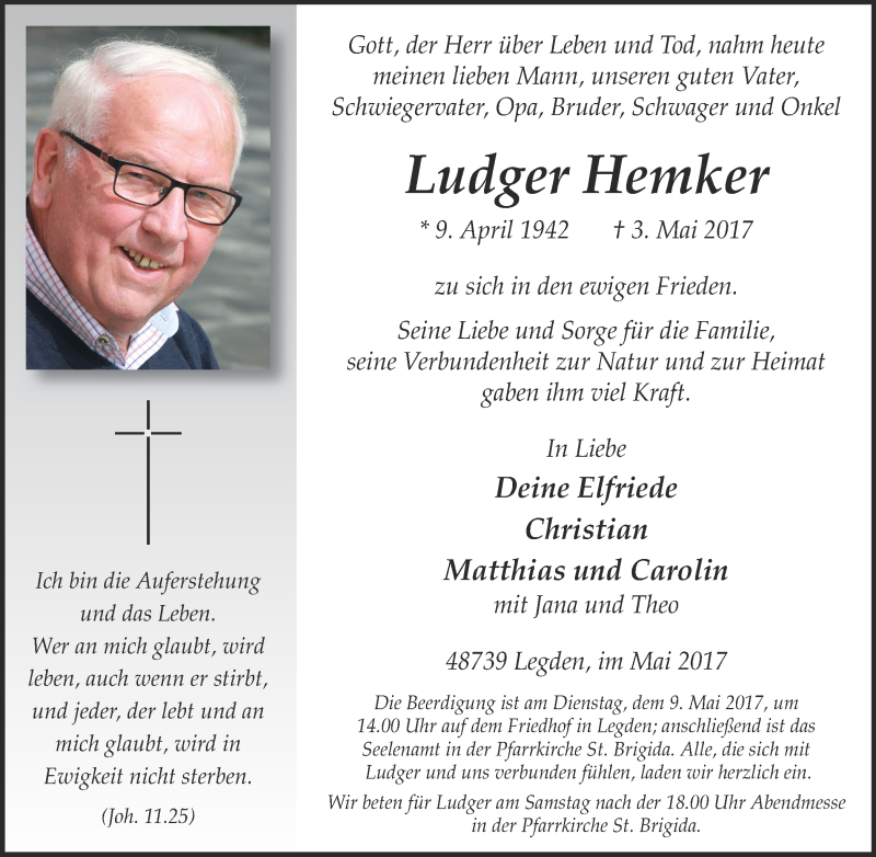  Traueranzeige für Ludger Hemker vom 05.05.2017 aus Münstersche Zeitung und Münsterland Zeitung
