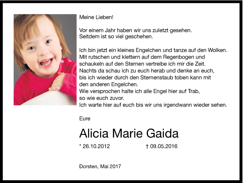  Traueranzeige für Alicia Marie Gaida vom 09.05.2017 aus Ruhr Nachrichten und Dorstener Zeitung