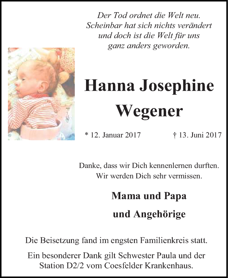  Traueranzeige für Hanna Josephine Wegener vom 24.06.2017 aus Münstersche Zeitung und Münsterland Zeitung