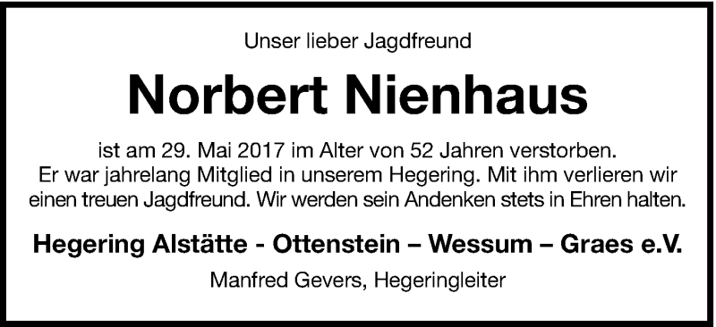  Traueranzeige für Norbert Nienhaus vom 02.06.2017 aus Münstersche Zeitung und Münsterland Zeitung