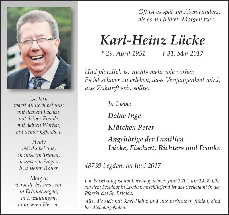  Traueranzeige für Karl-Heinz Lücke vom 03.06.2017 aus Münstersche Zeitung und Münsterland Zeitung