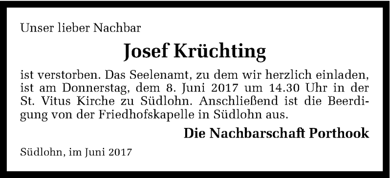  Traueranzeige für Josef Krüchting vom 07.06.2017 aus Münstersche Zeitung und Münsterland Zeitung