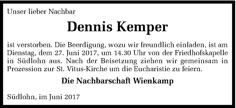  Traueranzeige für Dennis Kemper vom 24.06.2017 aus Münstersche Zeitung und Münsterland Zeitung