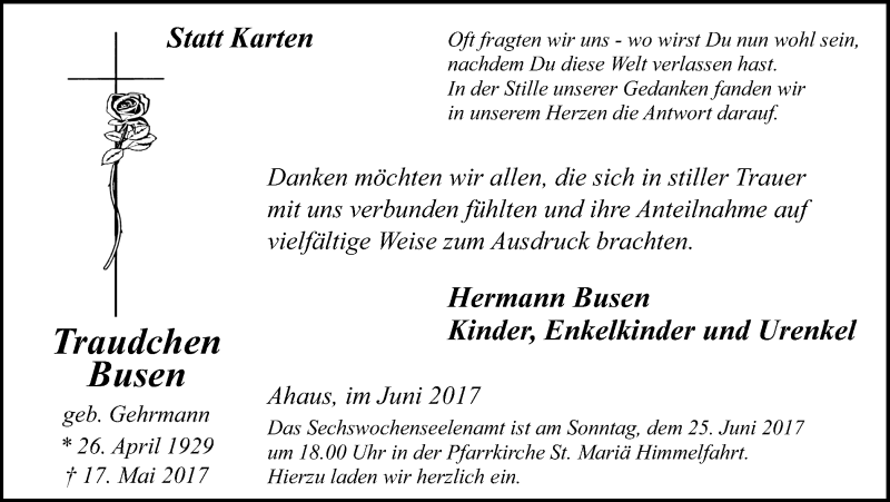  Traueranzeige für Traudchen Busen vom 21.06.2017 aus Münstersche Zeitung und Münsterland Zeitung