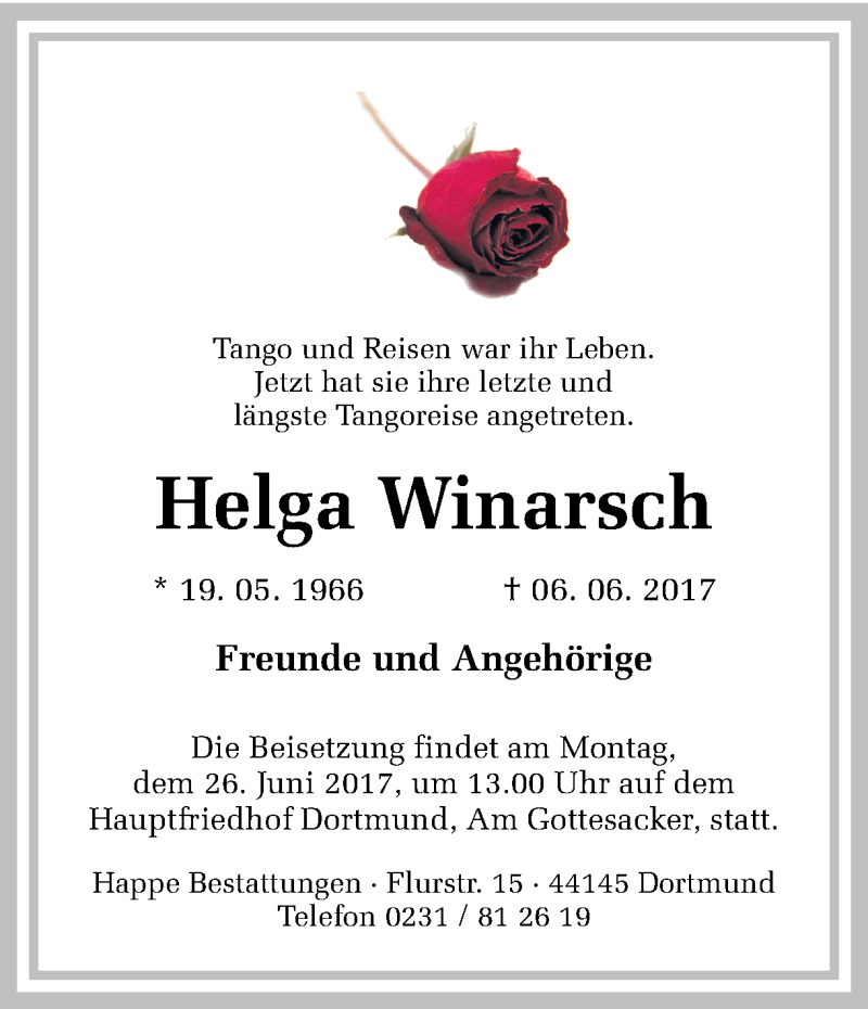  Traueranzeige für Helga Winarsch vom 23.06.2017 aus Ruhr Nachrichten