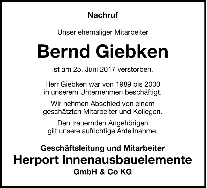  Traueranzeige für Bernd Giebken vom 29.06.2017 aus Münstersche Zeitung und Münsterland Zeitung