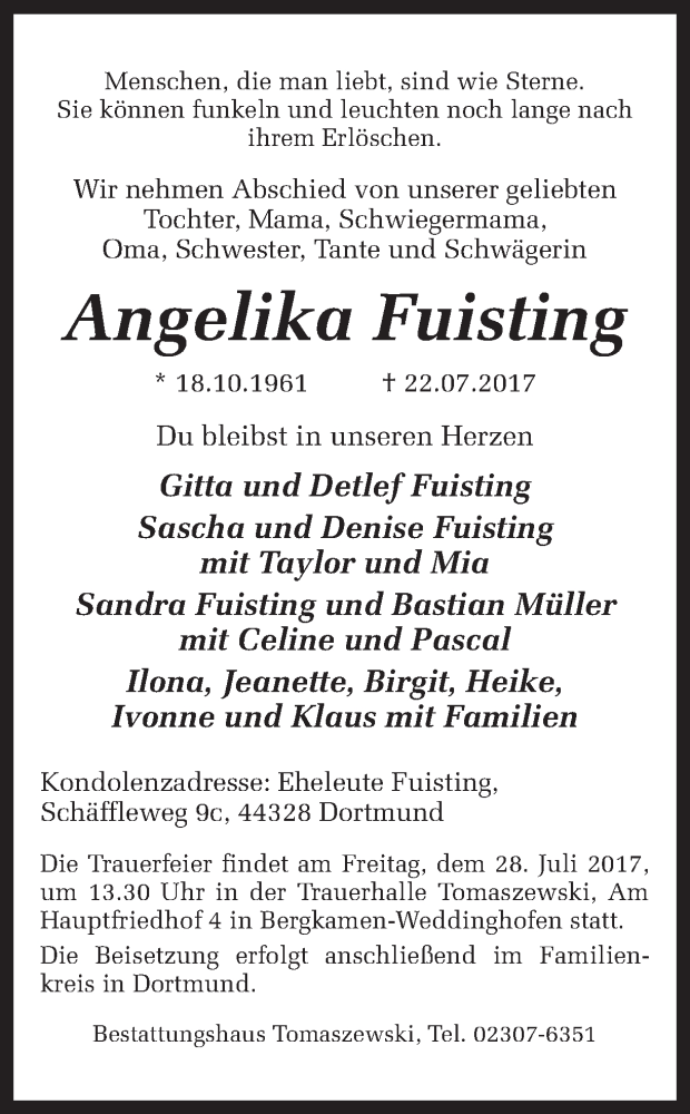  Traueranzeige für Angelika Fuisting vom 26.07.2017 aus Ruhr Nachrichten