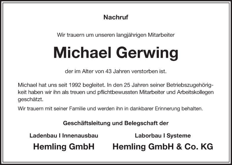  Traueranzeige für Michael Gerwing vom 15.07.2017 aus Münstersche Zeitung und Münsterland Zeitung