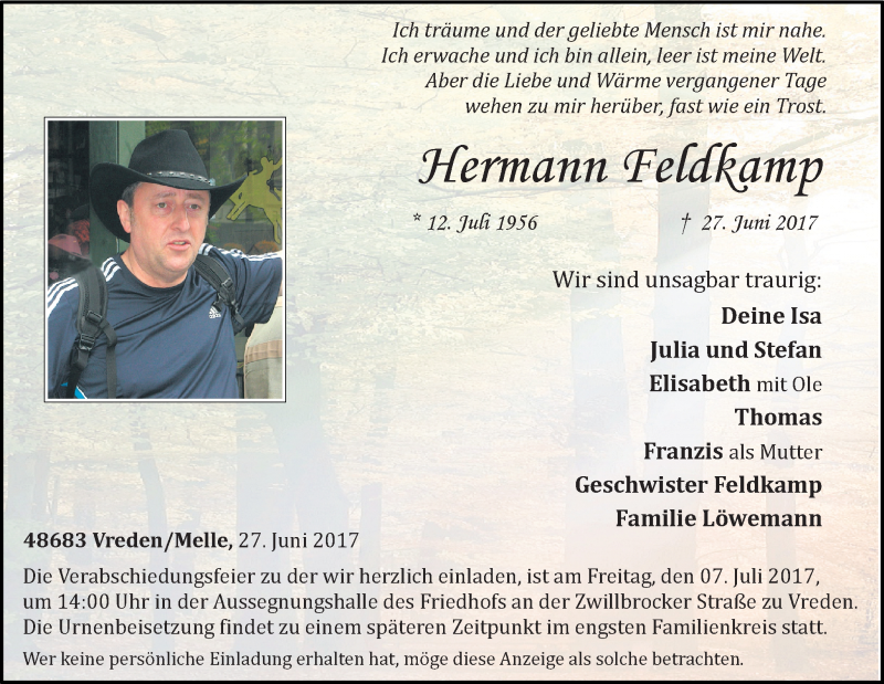  Traueranzeige für Hermann Feldkamp vom 03.07.2017 aus Münstersche Zeitung und Münsterland Zeitung