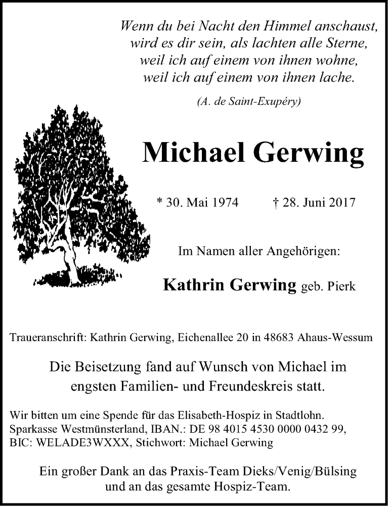  Traueranzeige für Michael Gerwing vom 15.07.2017 aus Münstersche Zeitung und Münsterland Zeitung