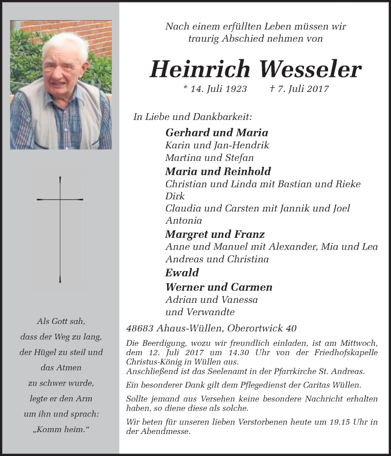  Traueranzeige für Heinrich Wesseler vom 10.07.2017 aus Münstersche Zeitung und Münsterland Zeitung