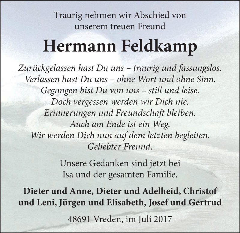  Traueranzeige für Hermann Feldkamp vom 04.07.2017 aus Münstersche Zeitung und Münsterland Zeitung