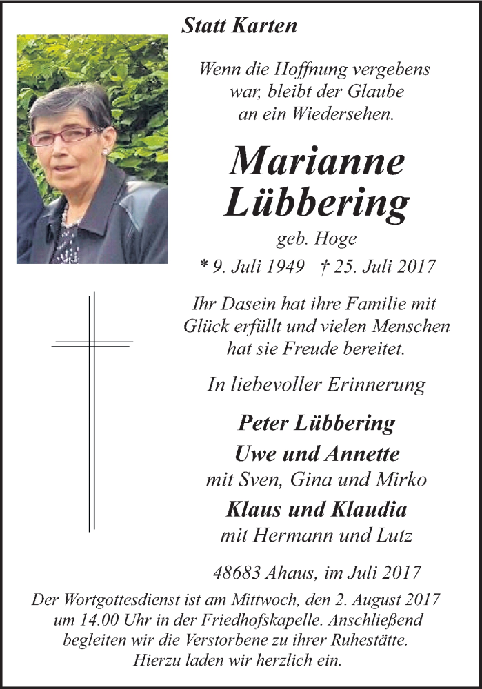  Traueranzeige für Marianne Lübbering vom 29.07.2017 aus Münstersche Zeitung und Münsterland Zeitung