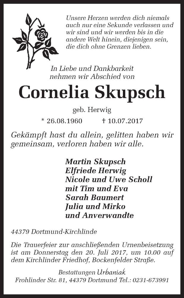  Traueranzeige für Cornelia Skupsch vom 15.07.2017 aus Ruhr Nachrichten