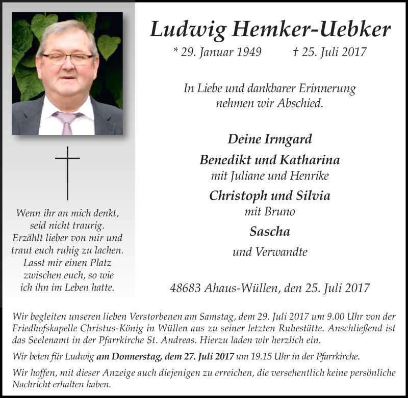  Traueranzeige für Ludwig Hemker-Uebker vom 27.07.2017 aus Münstersche Zeitung und Münsterland Zeitung