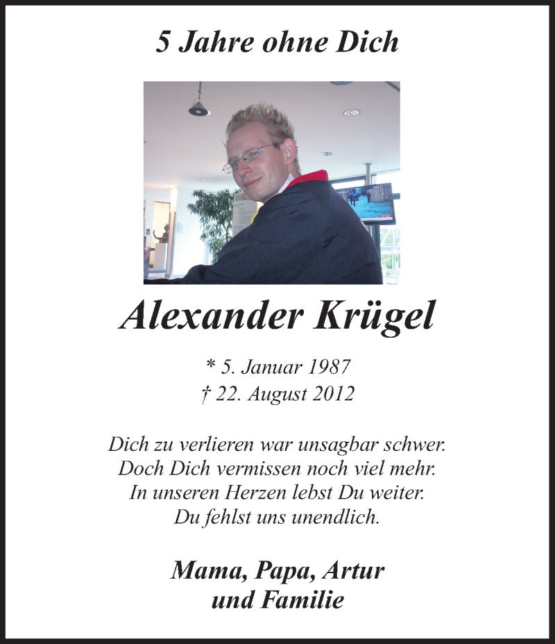  Traueranzeige für Alexander Krügel vom 22.08.2017 aus Ruhr Nachrichten